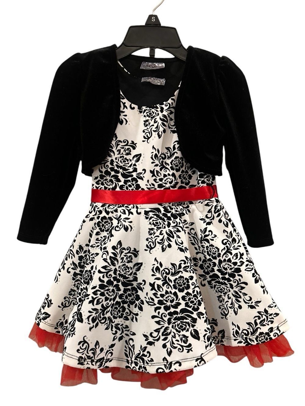 Girls Black & White Floral Dress with Red Accents 2T
